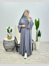 “Grey Premium Double Piping Front-Open Abaya with Matching Scarf – Highly Recommended”